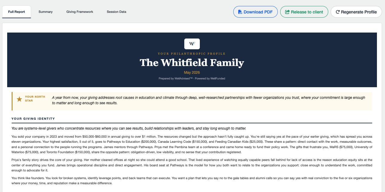 The Whitfield Family Philanthropic Profile open in WellAdvised, showing the navy header, North Star, and the start of the Giving Identity narrative